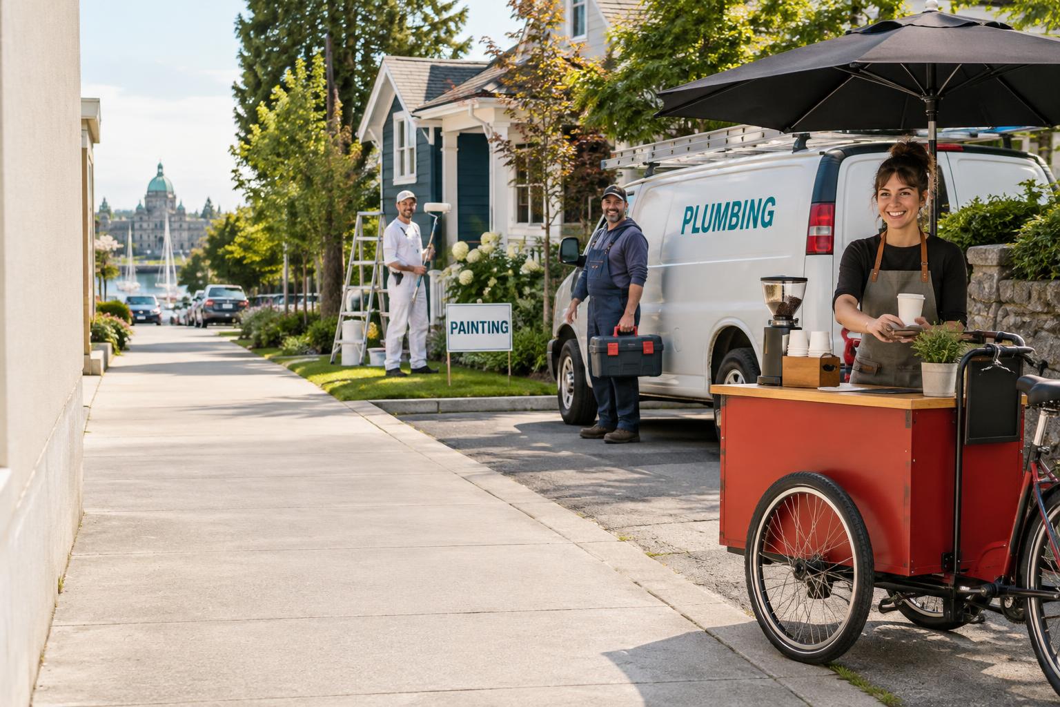 Independent business owners with a plumbing van, a painting company yard sign, and a pedal-powered coffee cart on a neighborhood street